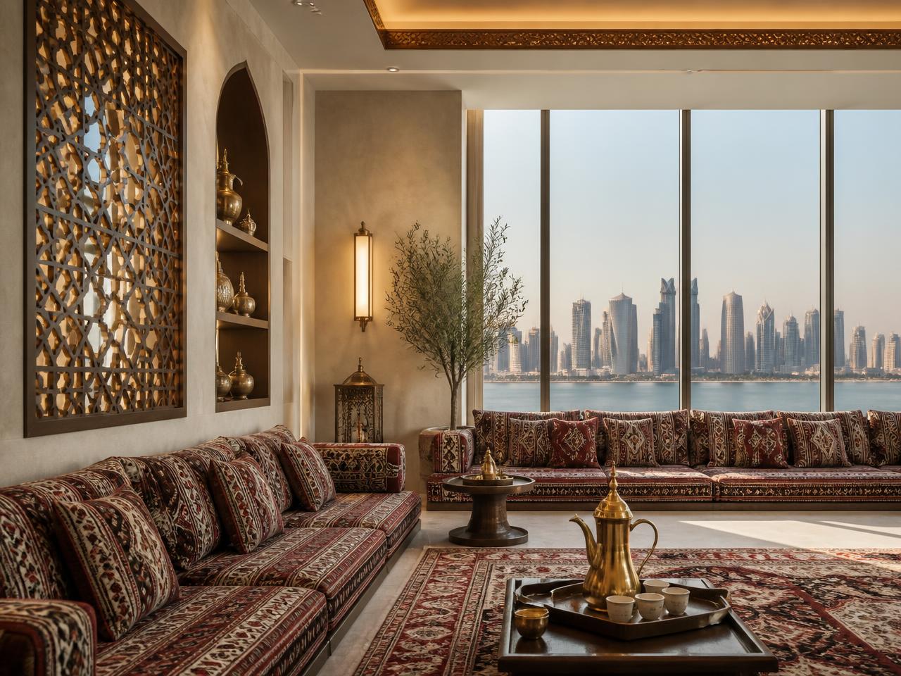 Contemporary Qatari majlis with arabesque screens and Doha skyline views